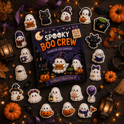 Personalized Spooky Boo Crew Halloween Advent Calendar – 24 Days of Cute Ghost Surprises, Custom Name Halloween Gift, Collectible Halloween Decor for Kids & Family