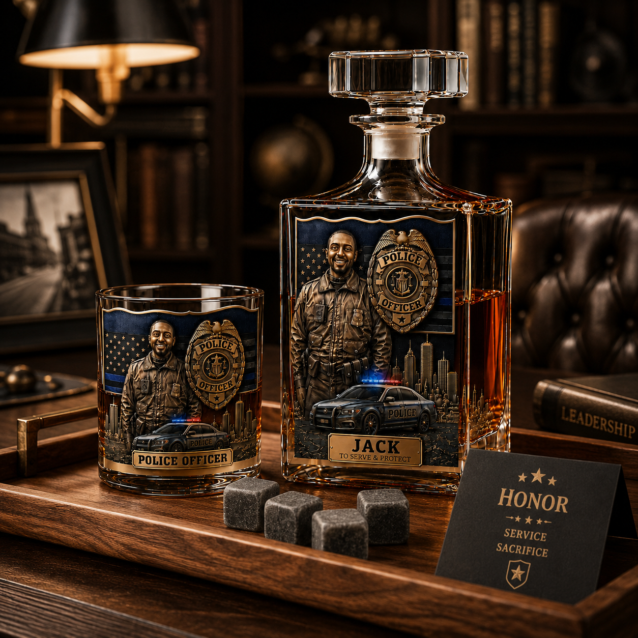 Personalized Police Officer Whiskey Decanter & Glass Set – Custom Photo Thin Blue Line Gift For Police Officer