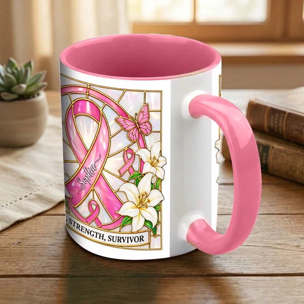 Hope Strength Survivor - Personalized Breast Cancer Awareness Accent Mug