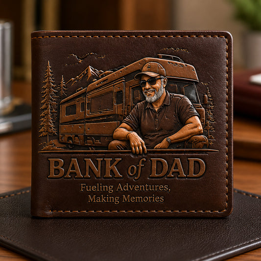 Personalized RV Dad Leather Wallet – Custom Camping Gift for Father, Adventure Lover & Road Trip Dad
