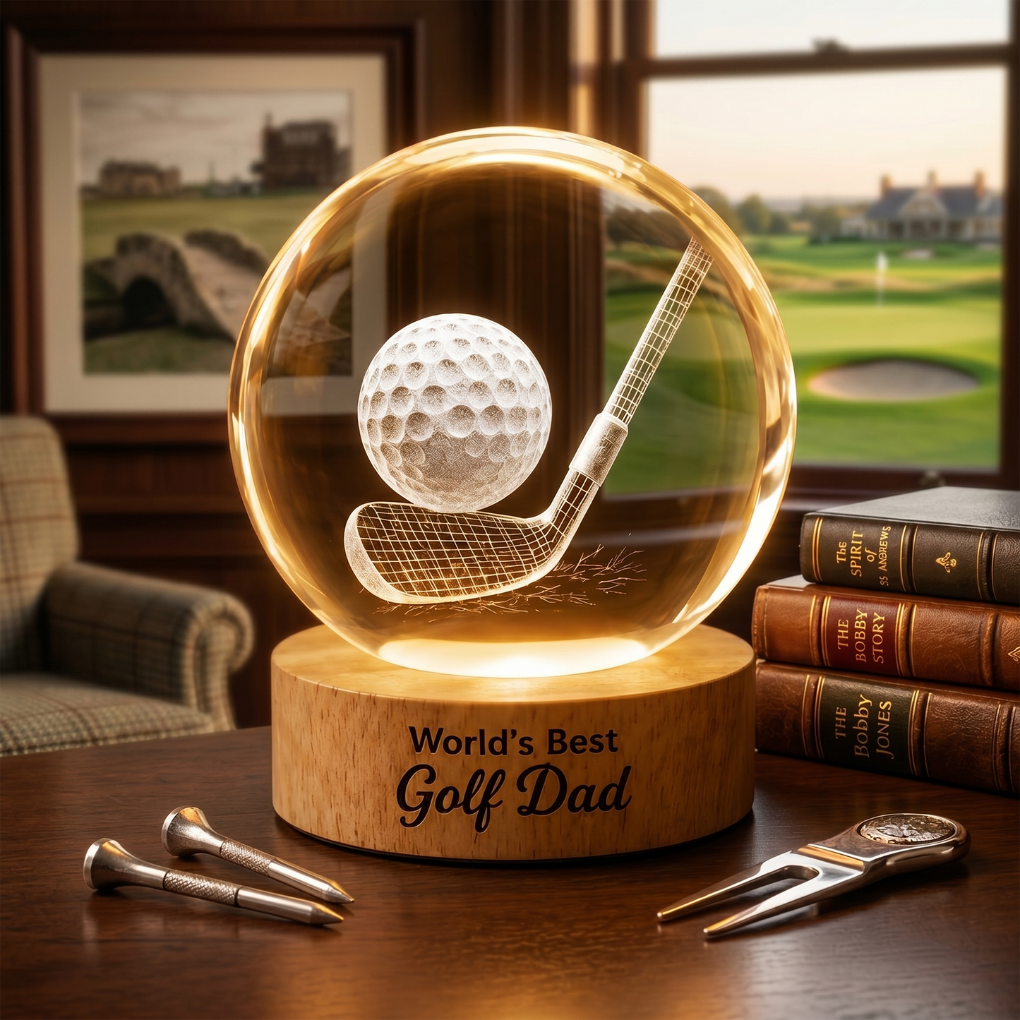 Globe Lamp Golf Crystal Ball Night Light, Warm Glow Golf Scene, Unique Gift for Best Dad