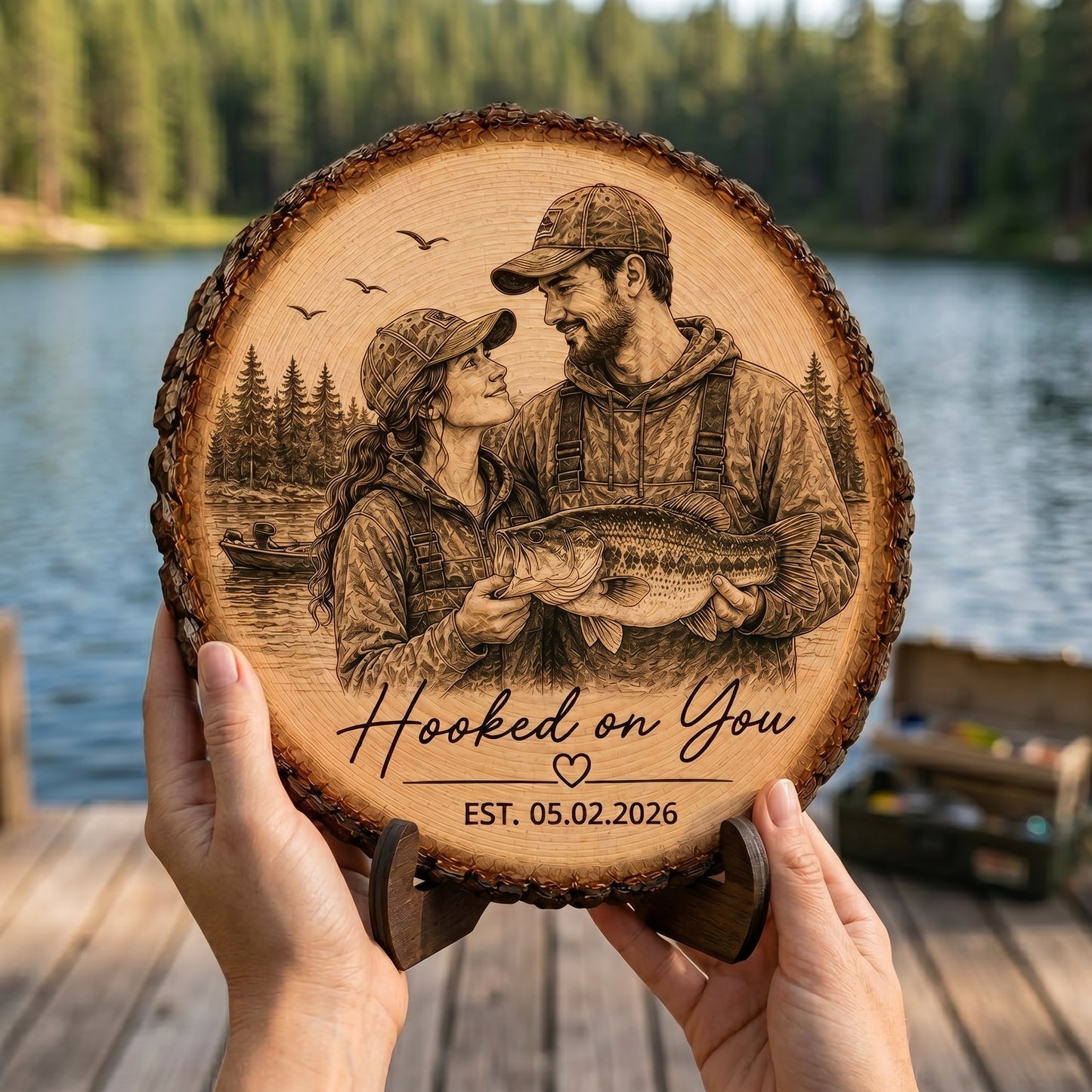 Hooked On You Fishing Couple Custom Photo - Personalized 2-Layered Wooden Plaque - Anniversary Gift, Wedding Gift For Couple
