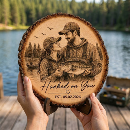 Hooked On You Fishing Couple Custom Photo - Personalized 2-Layered Wooden Plaque - Anniversary Gift, Wedding Gift For Couple