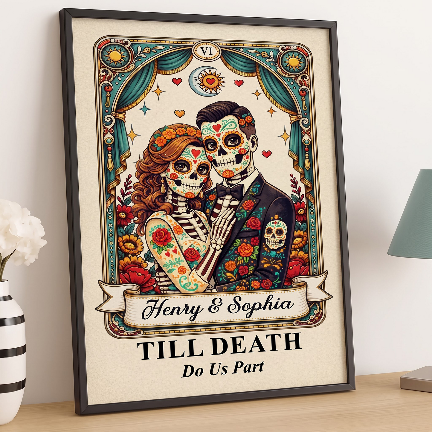 Custom Photo Day Of The Dead Vertical Poster - Personalized Anniversary Wedding Gifts For Husband And Wife, Him And Her - Till Death Do Us Part
