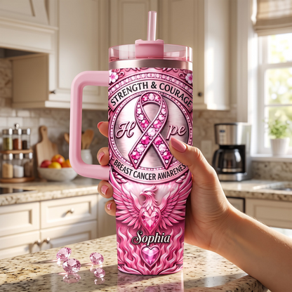 Personalized Breast Cancer Awareness 40oz Tumbler With Handle – Custom Name Pink Ribbon Hope Strength & Courage Insulated Travel Mug