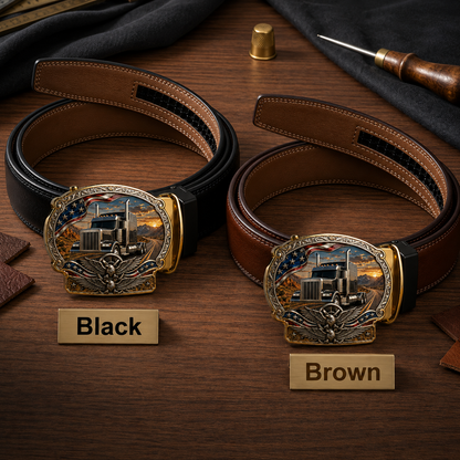 Personalized American Trucker Leather Ratchet Belt – Custom Name Truck Buckle Belt for Men