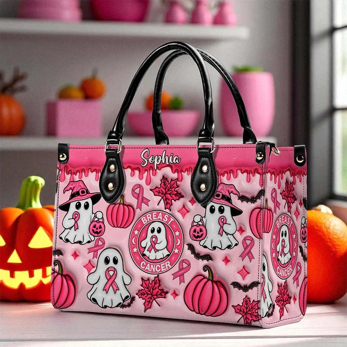Custom Name Spooky Breast Cancer Awareness Ghost - Personalized 3D Inflated Leather PU Handbag