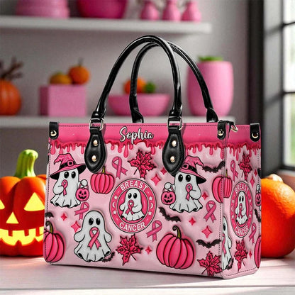 Custom Name Spooky Breast Cancer Awareness Ghost - Personalized 3D Inflated Leather PU Handbag