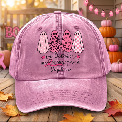 Custom Breast Cancer Distressed Washed Cotton Printed Hat , In October We Wear Pink Ghost Hat, Cancer Support Hat, Cancer Awareness Shirt, Cancer Fighter Gifts