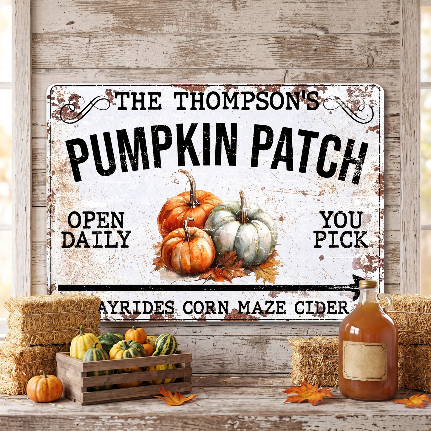 Pumpkin Patch Open Daily With Hayrides And Cider,Personalized Metal Sign,Gift For Fall Enthusiasts