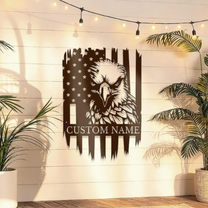 Personalized Eagle Metal Wall Decor, Eagle US Flag Sign, Custom Last Name Bald Eagle Wall Art