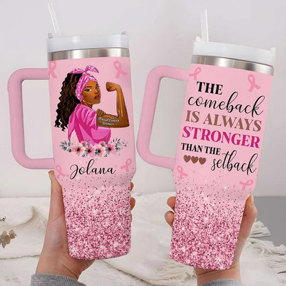 The Comeback Is Always Stronger - Personalized Breast Cancer Awareness Glitter Tumbler