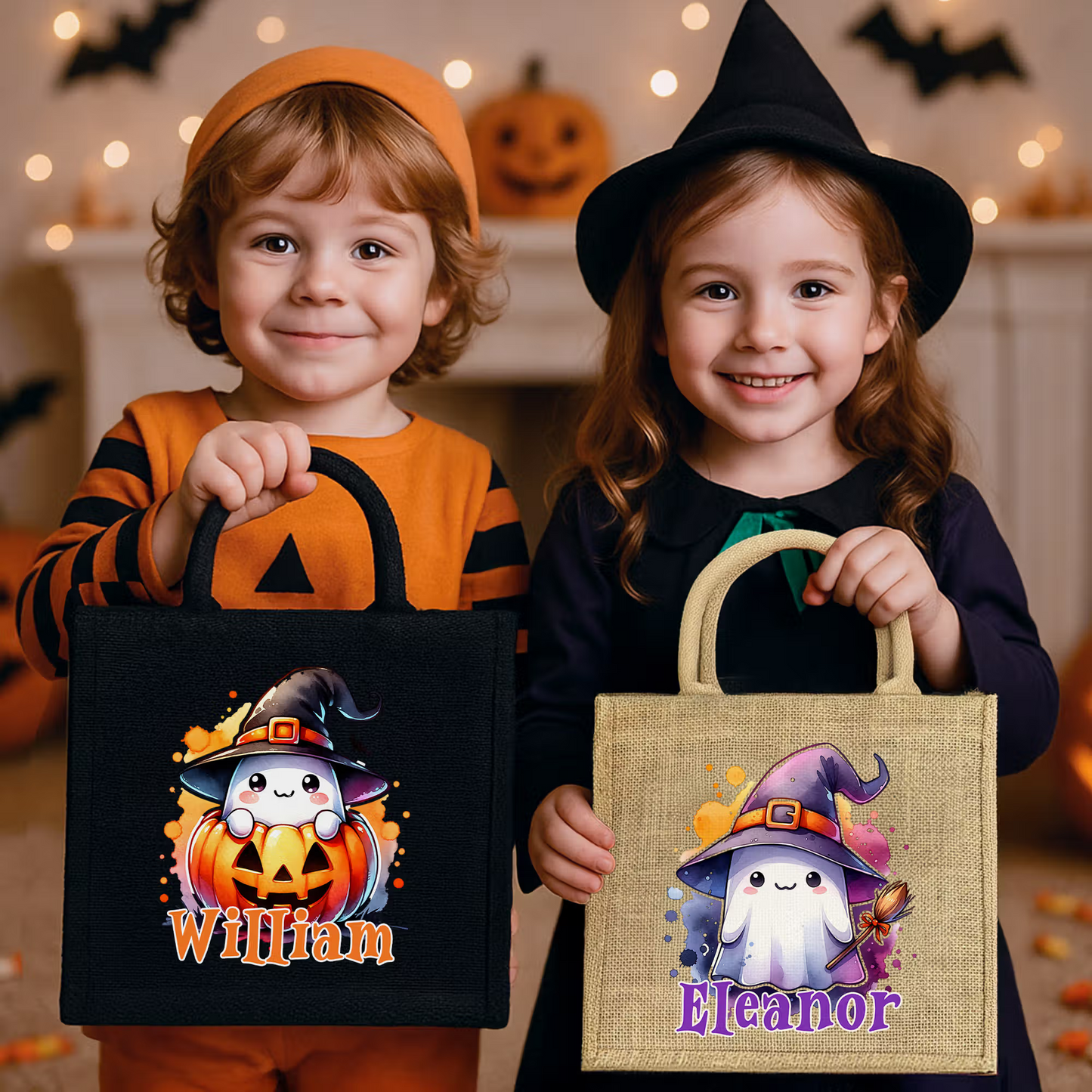 Personalized Cute Ghost and Pumpkin Large Capacity Tote Bag with Name Halloween Party Gift for Boys Girls