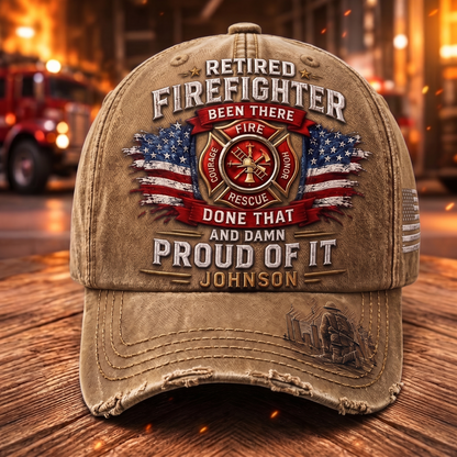 Personalized Retired Firefighter Vintage Cap – Custom Name Firefighter Retirement Gift