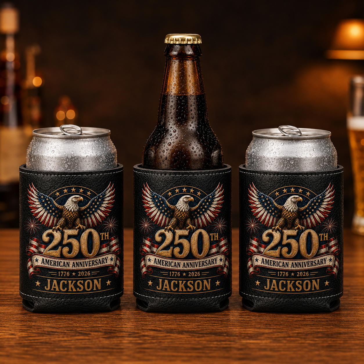 Personalized 250th American Anniversary Leather Can Cooler – Custom Name Patriotic Bald Eagle Beer Sleeve Gift for Veteran, Dad, Grandpa