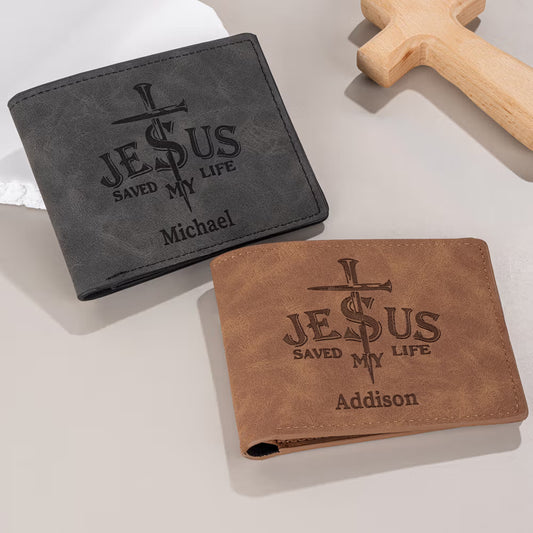 Personalised Jesus Saved My Life Cross PU Leather Men's Wallet with Name Daily Use Baptism Confirmation Gift for Husband Dad