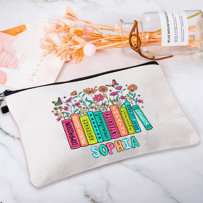 Personalized Colourful Letters Floral Book Pencil Linen Wristlet Makeup Bag with Name Appreciation Back to School Gift for Teacher