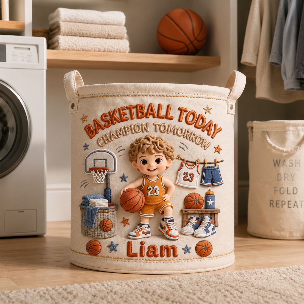 Personalized Basketball Player Storage Basket – Custom Photo, Name & Number Laundry Hamper, Kids Toy Organizer, Basketball Room Decor