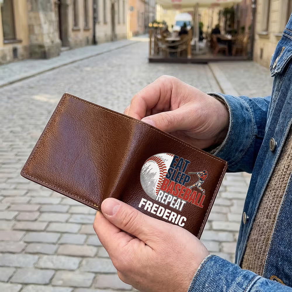 Personalised Eat Sleep Baseball Repeat PU Leather Men's Wallet with Name Father's Day Birthday Gift for Baseball Players Lovers