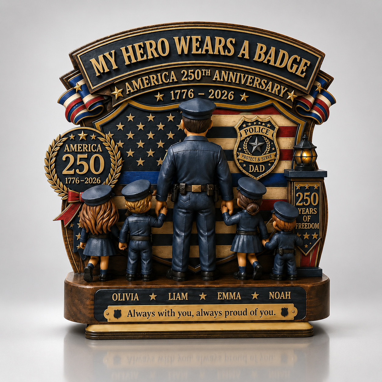 Personalized Police Dad America 250th Anniversary Family Keepsake, Custom Police Officer Dad With Kids, My Hero Wears A Badge Patriotic Gift 1776–2026