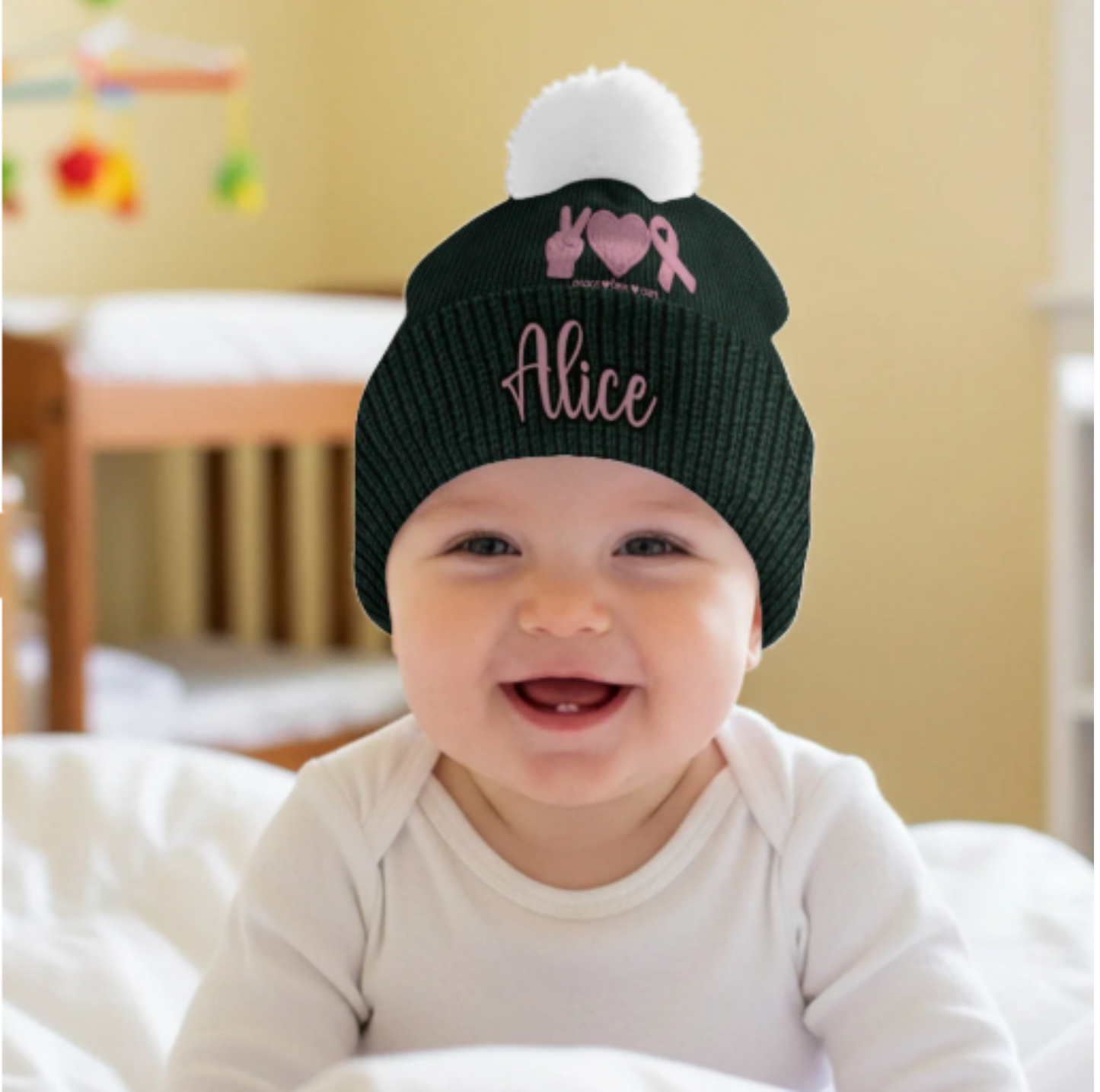 Peace Love Cure Pink Ribbon - Personalized Breast Cancer Awareness Beanie Hat