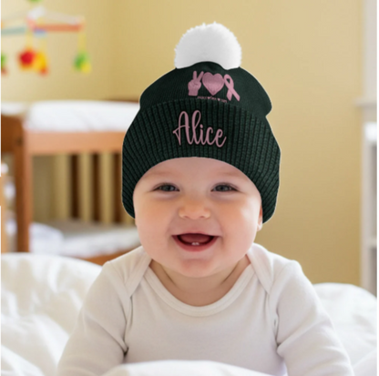 Peace Love Cure Pink Ribbon - Personalized Breast Cancer Awareness Beanie Hat
