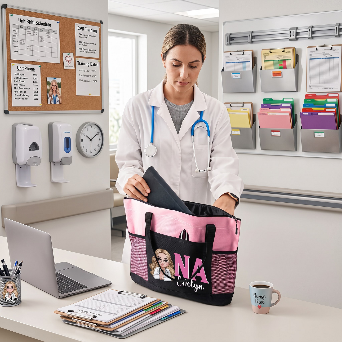 Personalised Cartoon Doctor Nurse Character Large Capacity Oxford Tote Bag with Name and Mesh Pockets Appreciation Nurse Week Gift for Medical Staff
