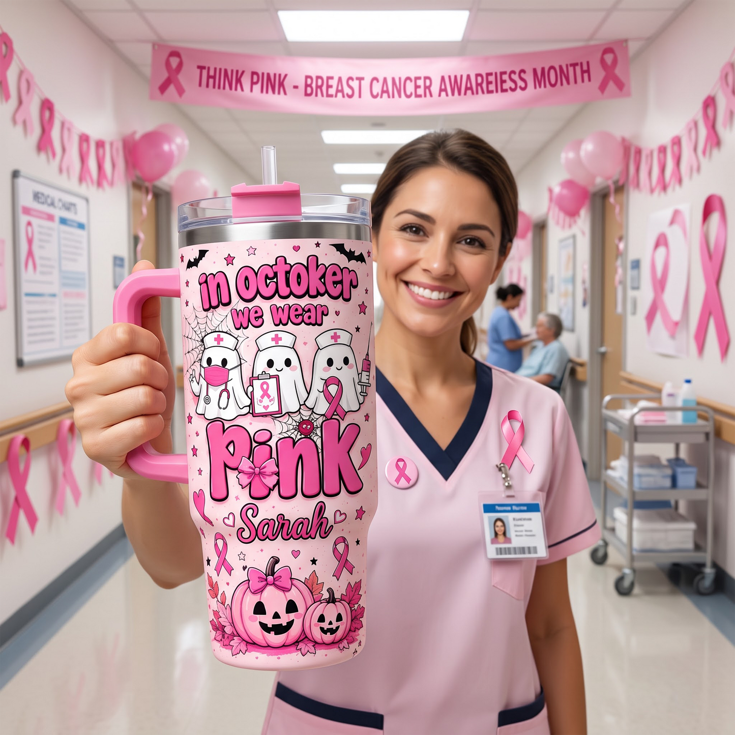 Personalized In October We Wear Pink Nurse Ghost 30oz Tumbler – Breast Cancer Awareness Halloween Travel Mug with Handle