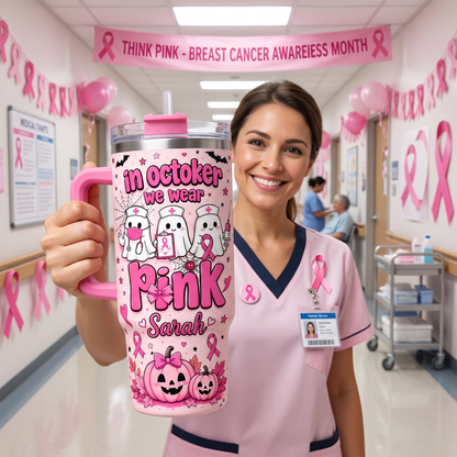 Personalized In October We Wear Pink Nurse Ghost 30oz Tumbler – Breast Cancer Awareness Halloween Travel Mug with Handle