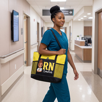 Personalised Cartoon Doctor Nurse Character Large Capacity Oxford Tote Bag with Name and Mesh Pockets Appreciation Nurse Week Gift for Medical Staff
