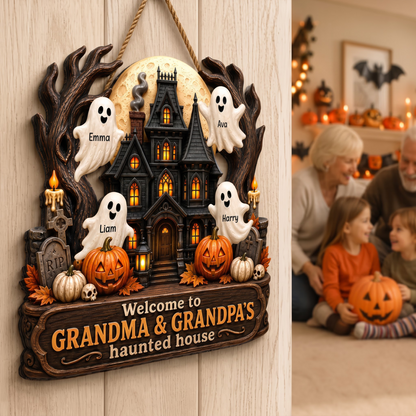 Personalized Wooden Sign with Haunted House Ghosts & Pumpkins, Halloween Door Decor, Unique Gift for Grandparents