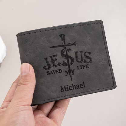 Personalised Jesus Saved My Life Cross PU Leather Men's Wallet with Name Daily Use Baptism Confirmation Gift for Husband Dad