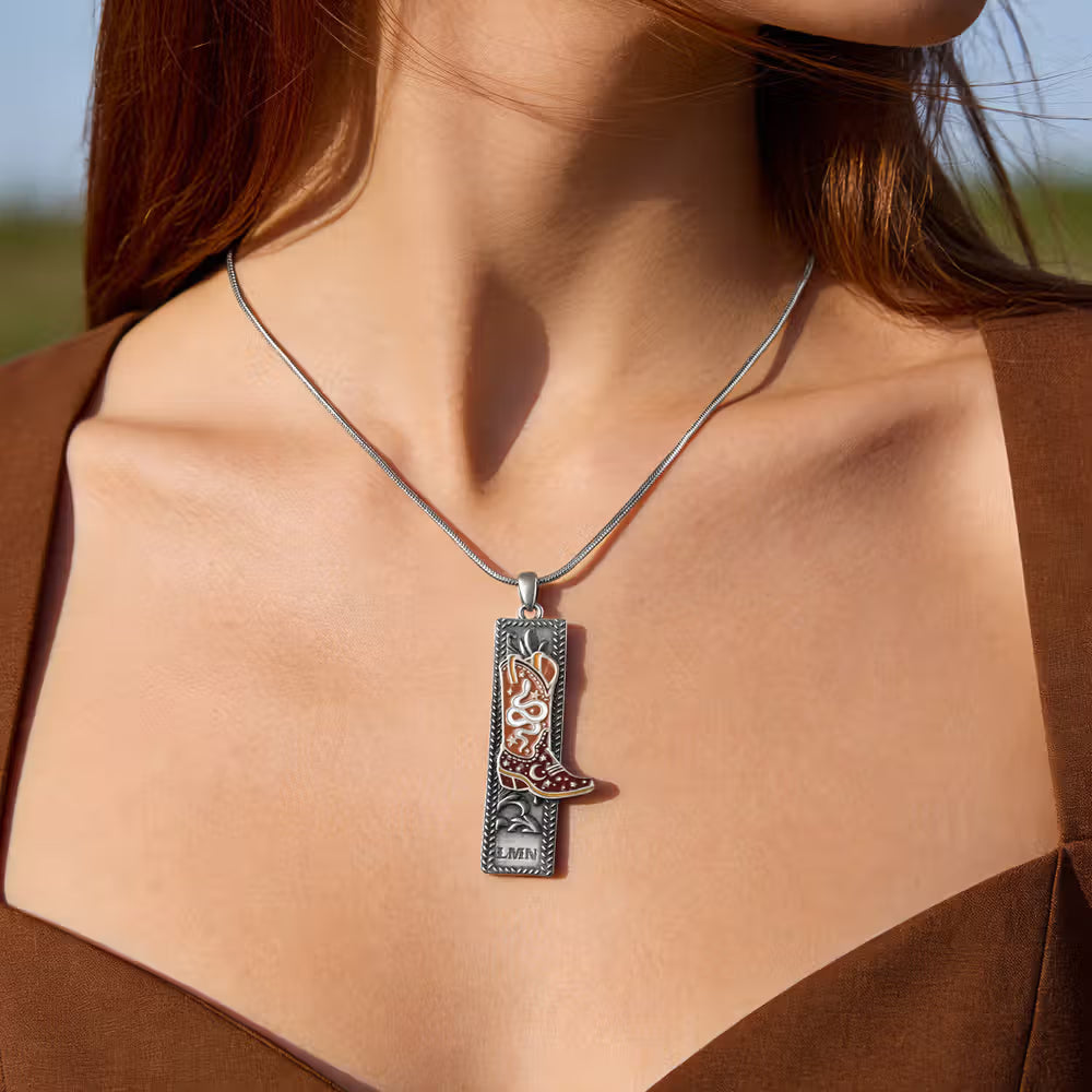 Personalized Western Cowgirl Boot Necklace with Custom Monogram, Western Jewelry Gift for Cowgirls, Country Girl Birthday Gift, Music Festival Accessory