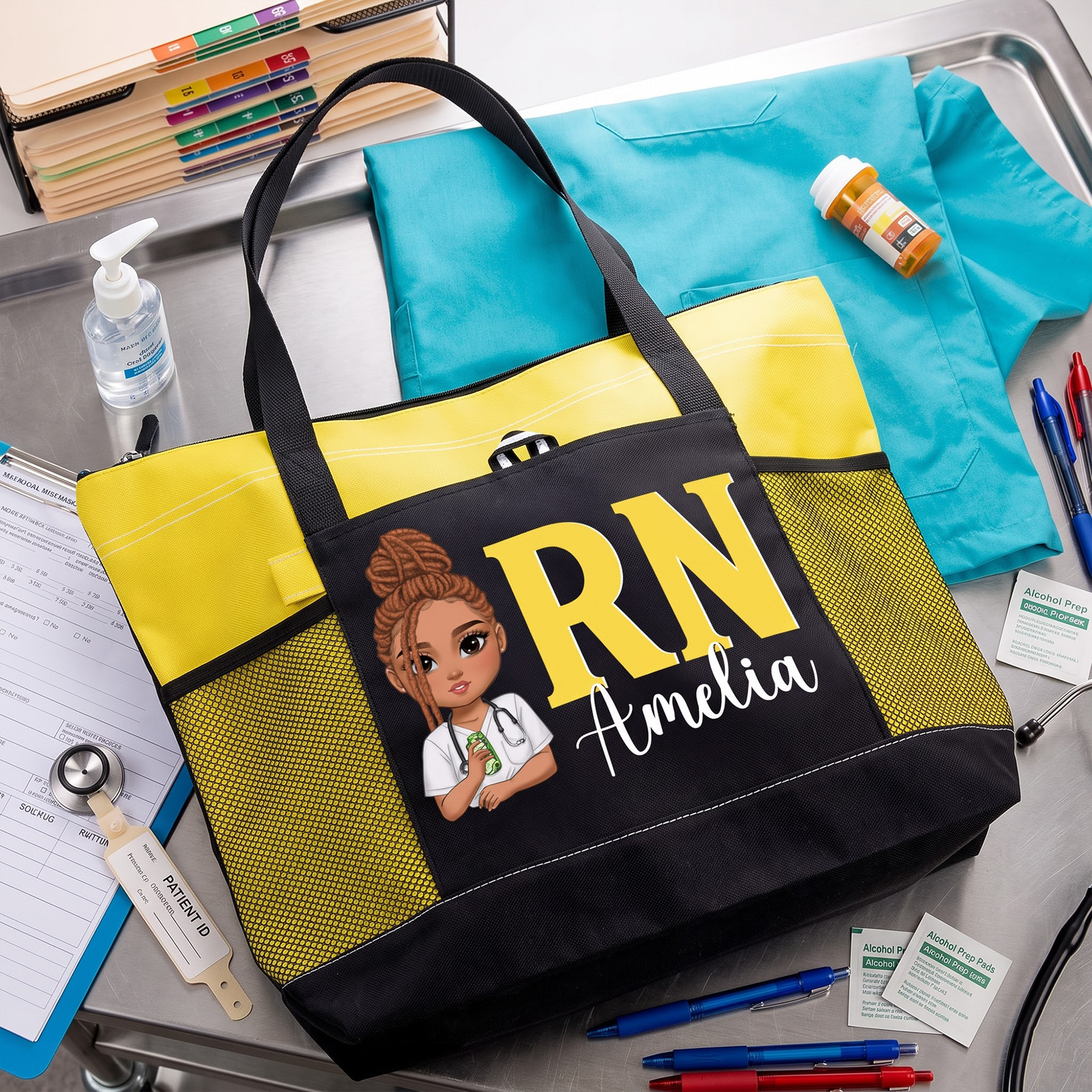 Personalised Cartoon Doctor Nurse Character Large Capacity Oxford Tote Bag with Name and Mesh Pockets Appreciation Nurse Week Gift for Medical Staff