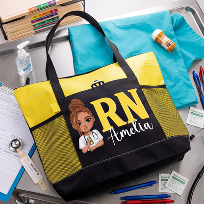 Personalised Cartoon Doctor Nurse Character Large Capacity Oxford Tote Bag with Name and Mesh Pockets Appreciation Nurse Week Gift for Medical Staff