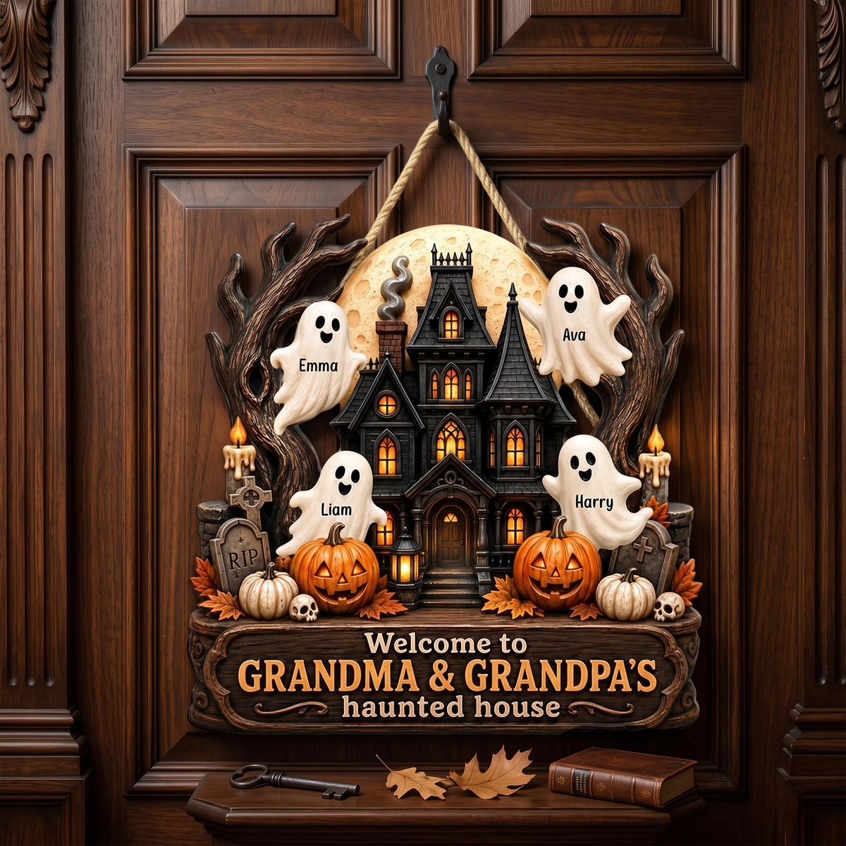 Personalized Wooden Sign with Haunted House Ghosts & Pumpkins, Halloween Door Decor, Unique Gift for Grandparents