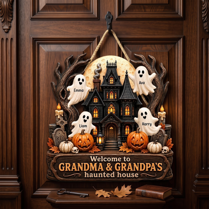 Personalized Wooden Sign with Haunted House Ghosts & Pumpkins, Halloween Door Decor, Unique Gift for Grandparents