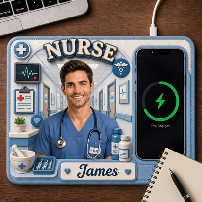 Personalized Nurse Custom Photo Wireless Charging Mat – Custom Name PU Leather Desk Mat, Nurse Gift