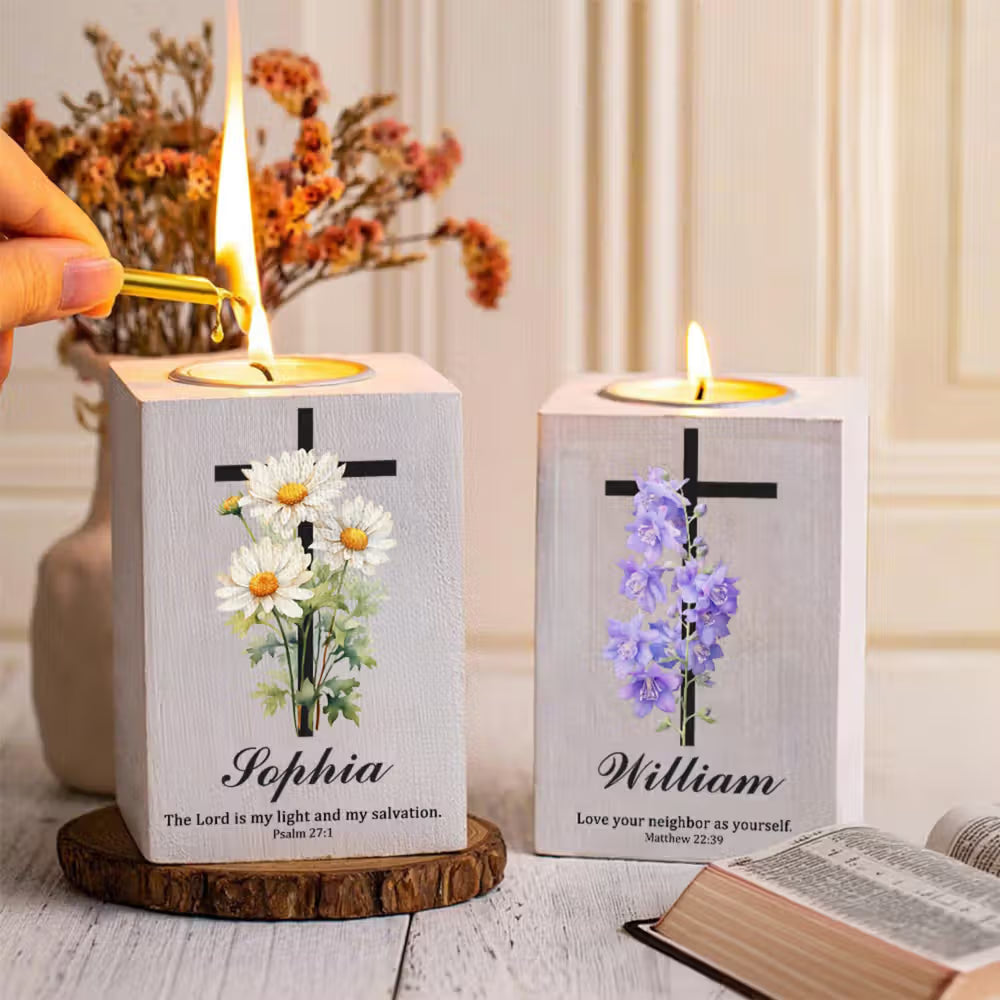 Personalized Birth Flower Cross Bible Verse Wooden Candle Holder with Name Birthday Baptism Gift for Christians