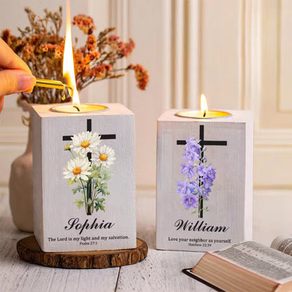 Personalized Birth Flower Cross Bible Verse Wooden Candle Holder with Name Birthday Baptism Gift for Christians