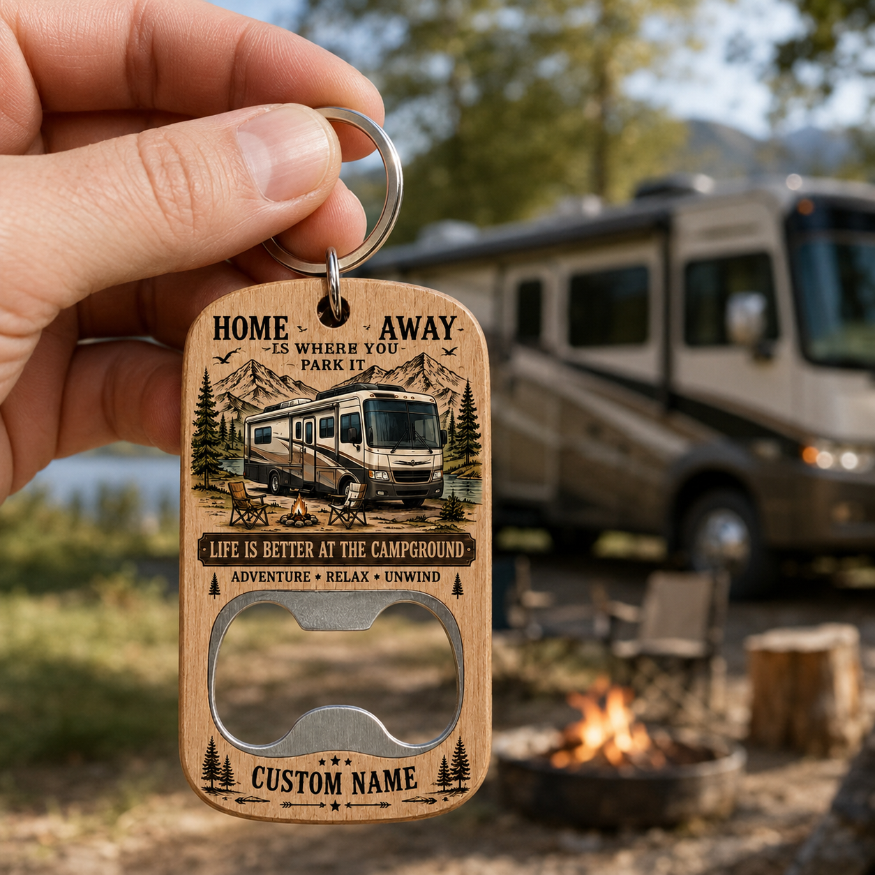 Personalized RV Bottle Opener Keychain – Custom Name Wooden Camping Keychain – Home Is Where You Park It Gift for RV Lovers, Campers & Travelers