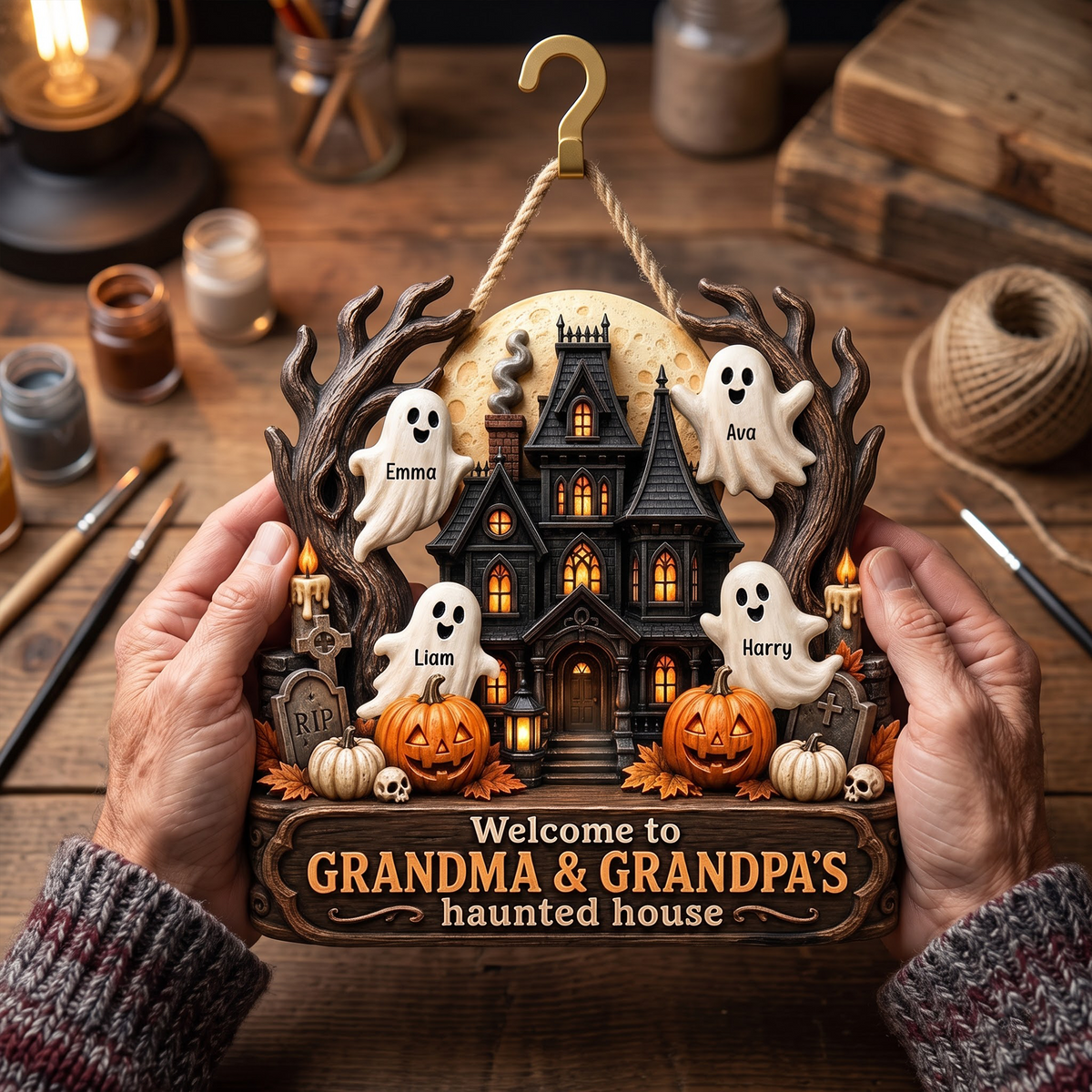 Personalized Wooden Sign with Haunted House Ghosts & Pumpkins, Halloween Door Decor, Unique Gift for Grandparents