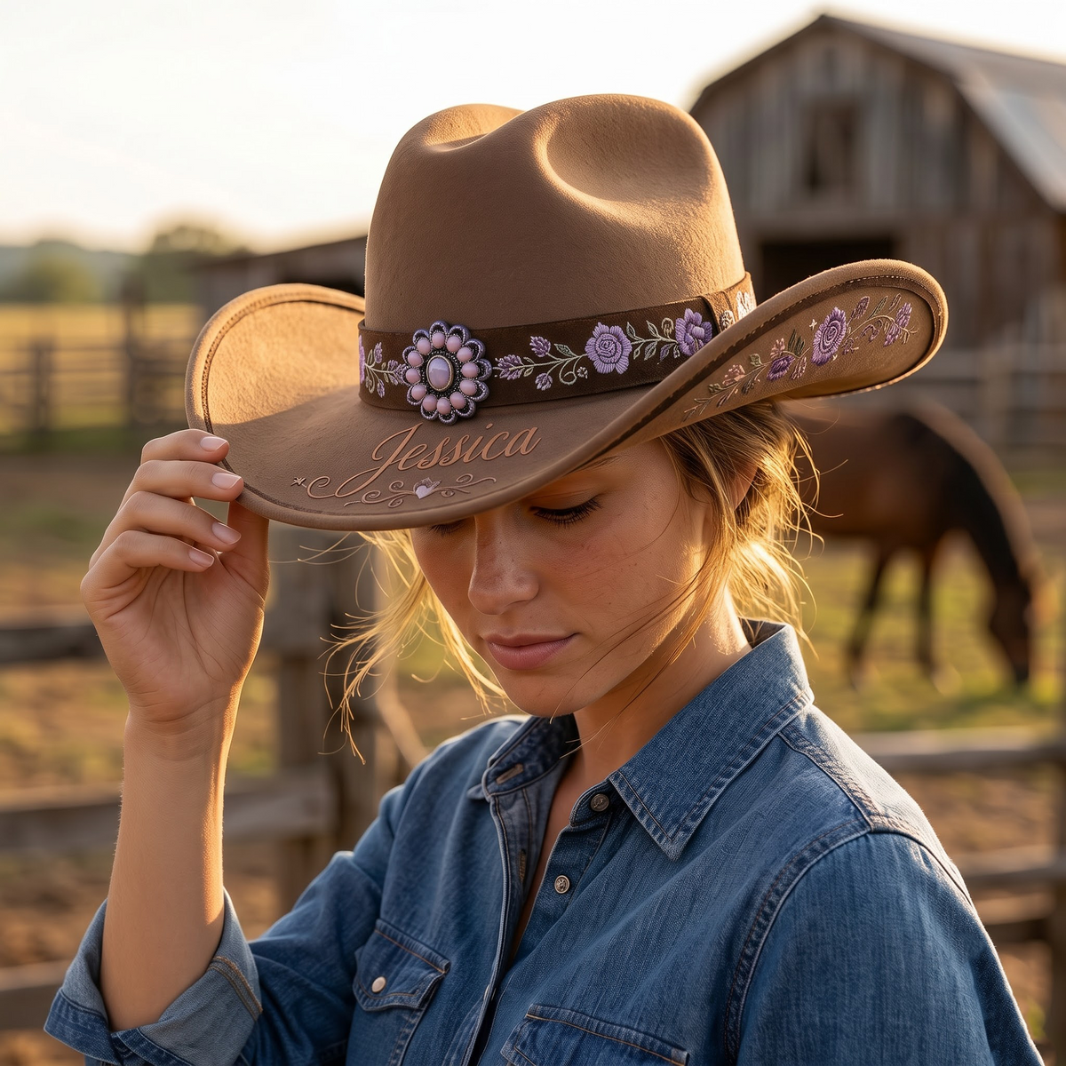 Personalized Floral Cowgirl Hat – Custom Name Western Cowboy Hat with Embroidered Flowers, Wide Brim Boho Hat for Women