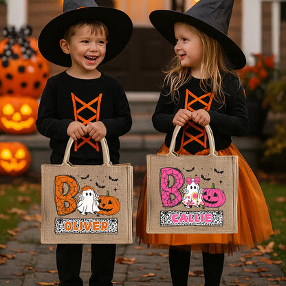 Personalized Playful Ghost Pumpkin Bat Large Jute Tote Bag with Name Halloween Trick or Treat Gift for Kid Boy Girl