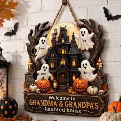 Personalized Wooden Sign with Haunted House Ghosts & Pumpkins, Halloween Door Decor, Unique Gift for Grandparents