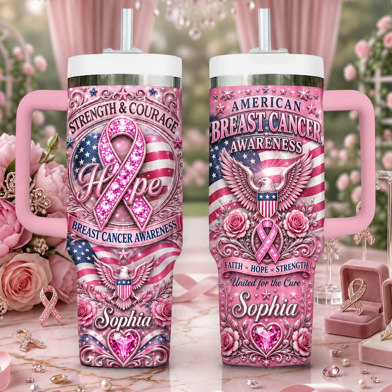 Personalized American Breast Cancer Awareness 40oz Tumbler With Straw – Strength, Hope & Courage Gift