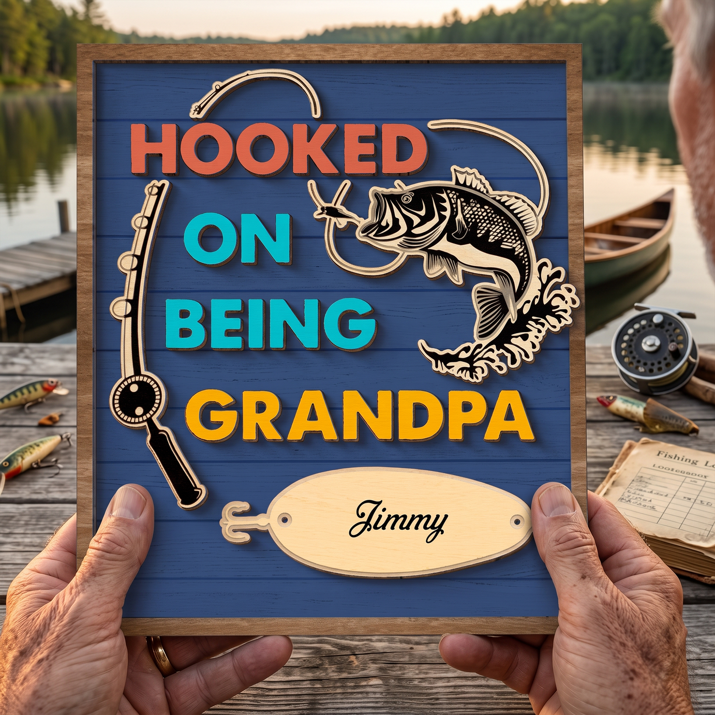 Hooked On Being Grandpa Fishing Personalized 2-Layer Wooden Plaque