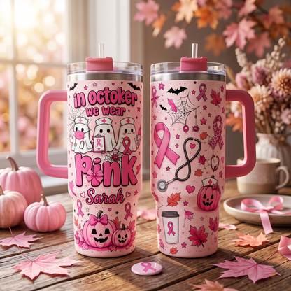 Personalized In October We Wear Pink Nurse Ghost 30oz Tumbler – Breast Cancer Awareness Halloween Travel Mug with Handle