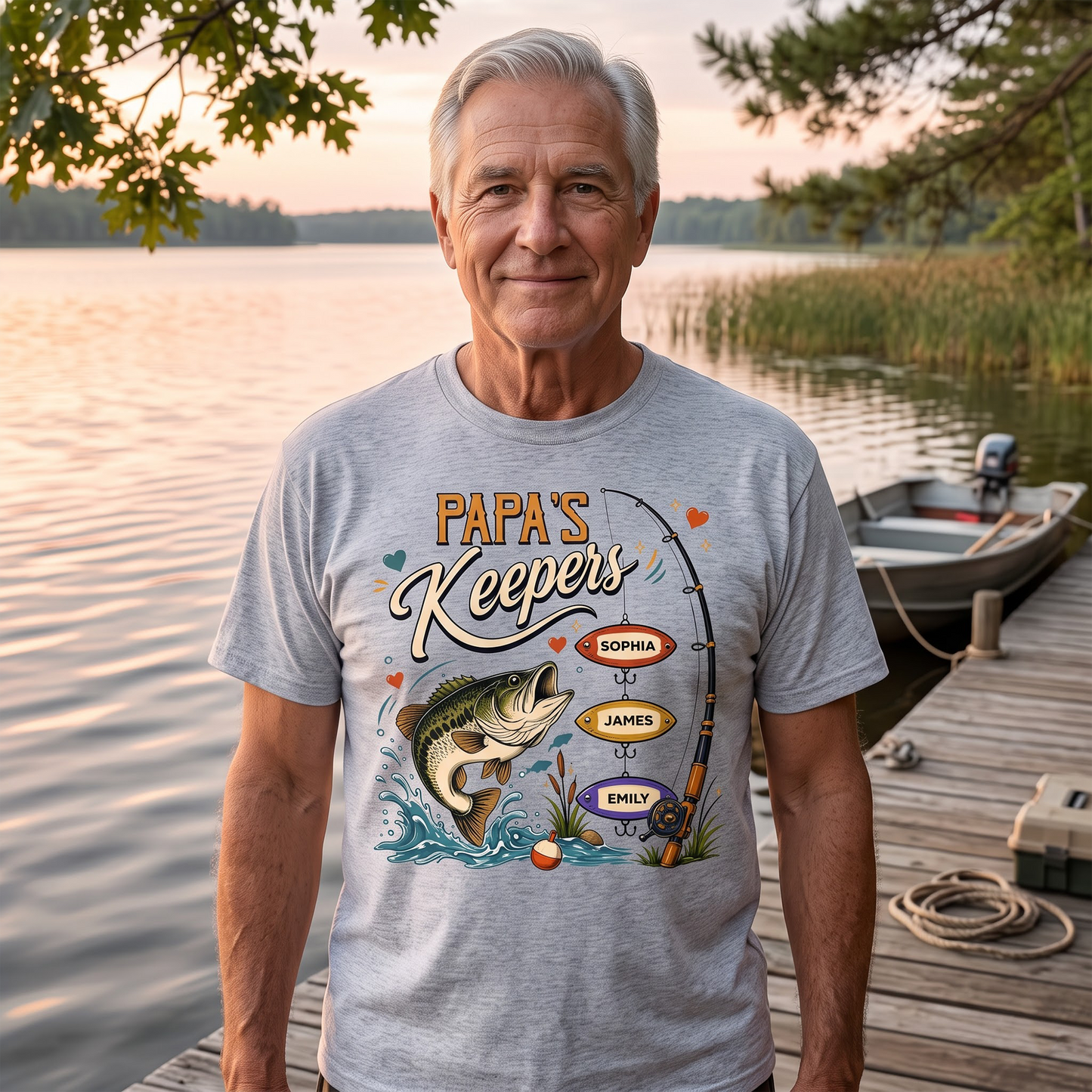 Grandpa's Keepers Fishing With Grandkids Names, Father's Day Papa Gift - Personalized Shirt