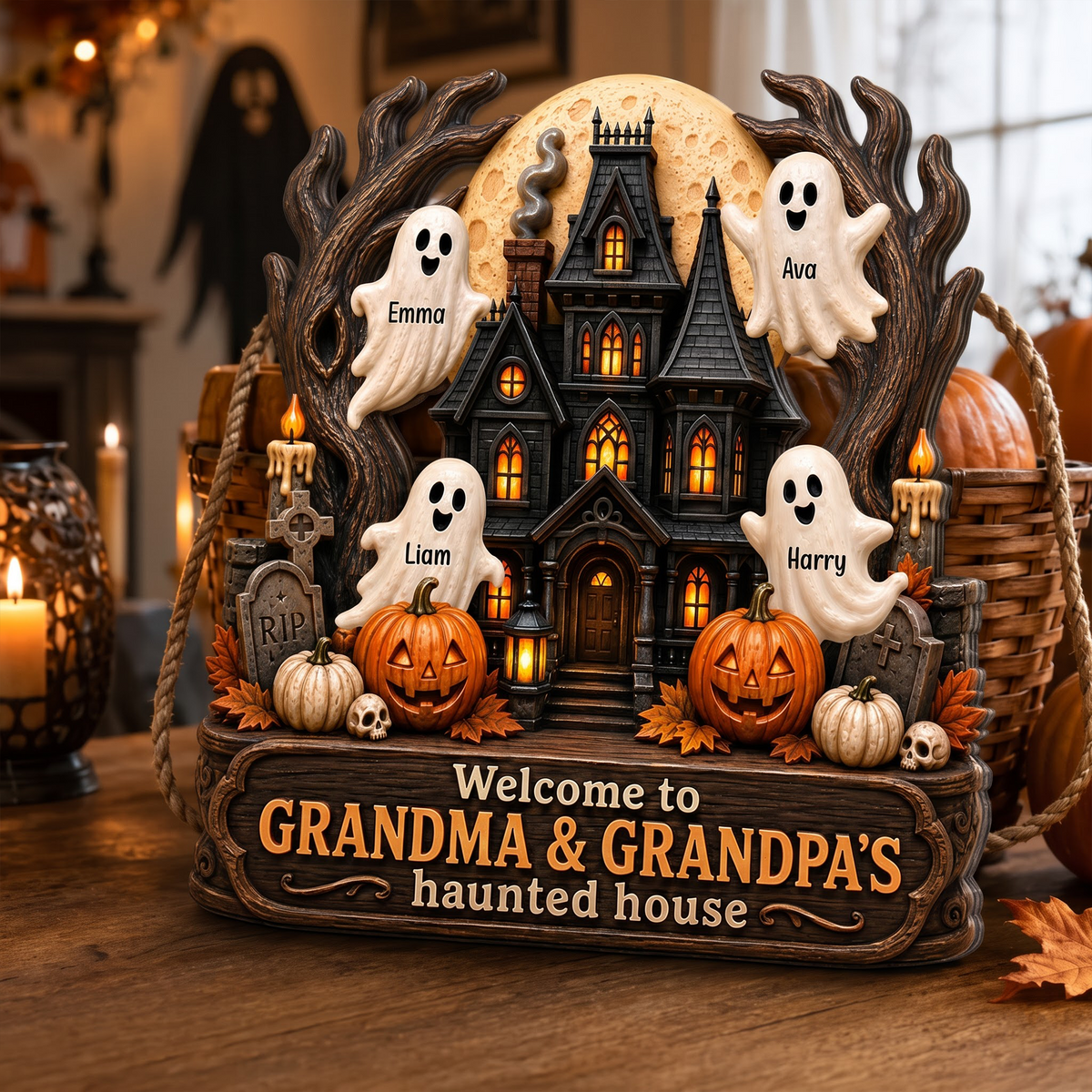 Personalized Wooden Sign with Haunted House Ghosts & Pumpkins, Halloween Door Decor, Unique Gift for Grandparents